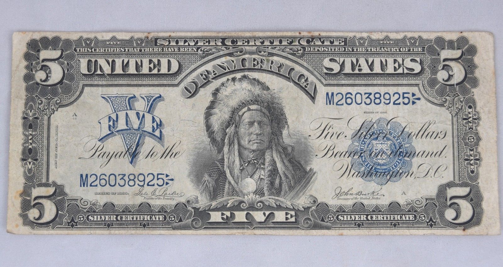 Series 1899 Large Native Indian "Chief" $5 Silver Certificate Bill Parker/Burke