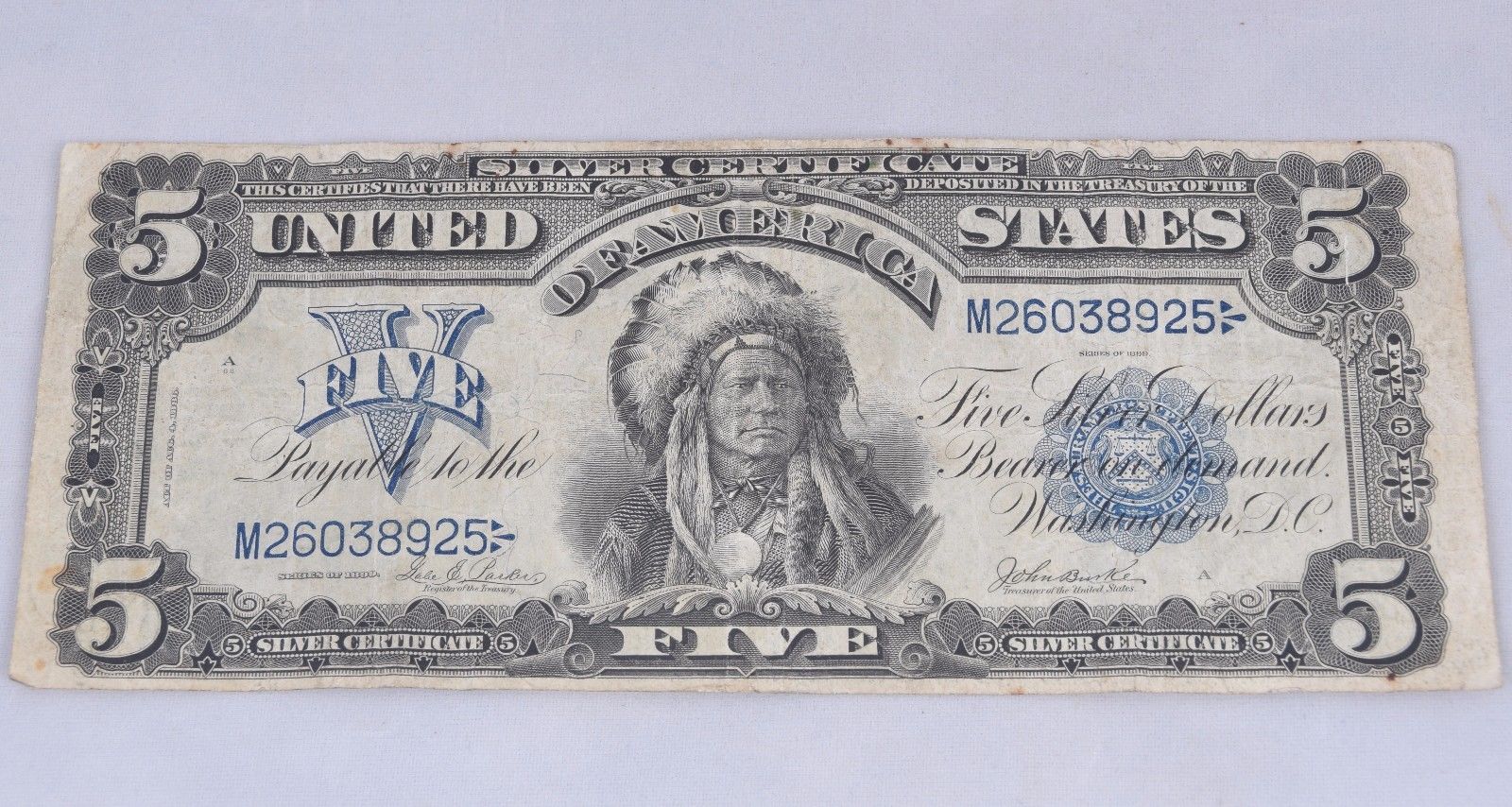 Series 1899 Large Native Indian "Chief" $5 Silver Certificate Bill Parker/Burke