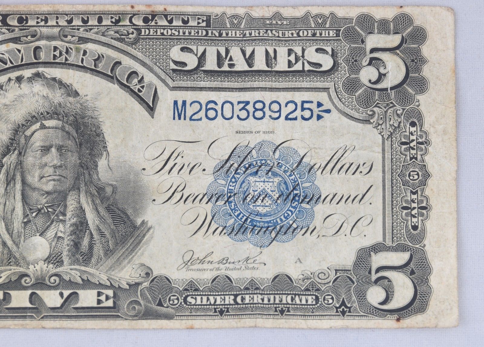 Series 1899 Large Native Indian "Chief" $5 Silver Certificate Bill Parker/Burke