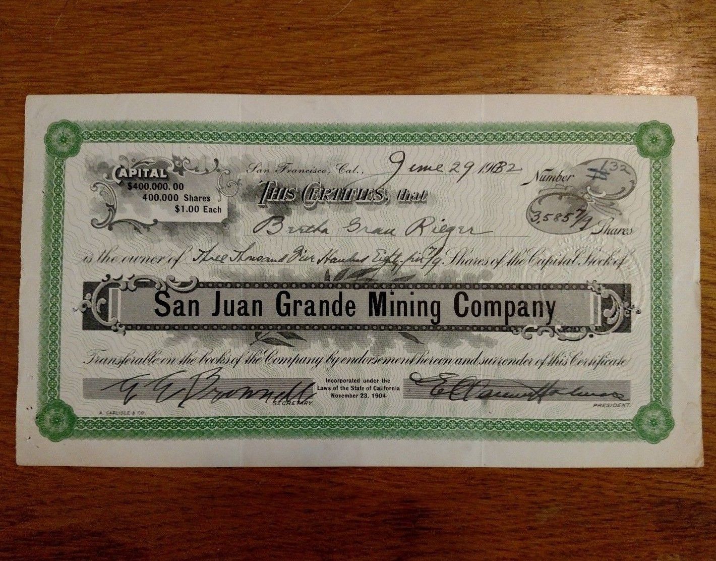 Stock Certificate San Juan Grande Mining Company, 3585 7/9 shares #132 1932