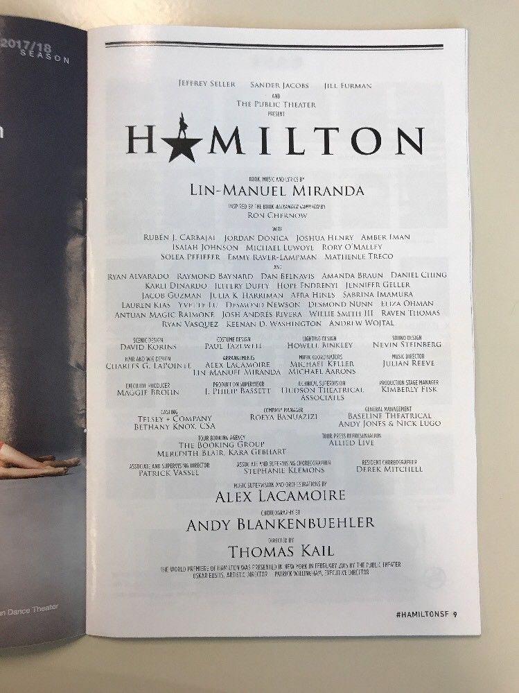 HAMILTON PLAYBILL SAN FRANCISCO SHN SF 1st Ed National Tour cast 2017 Broadway