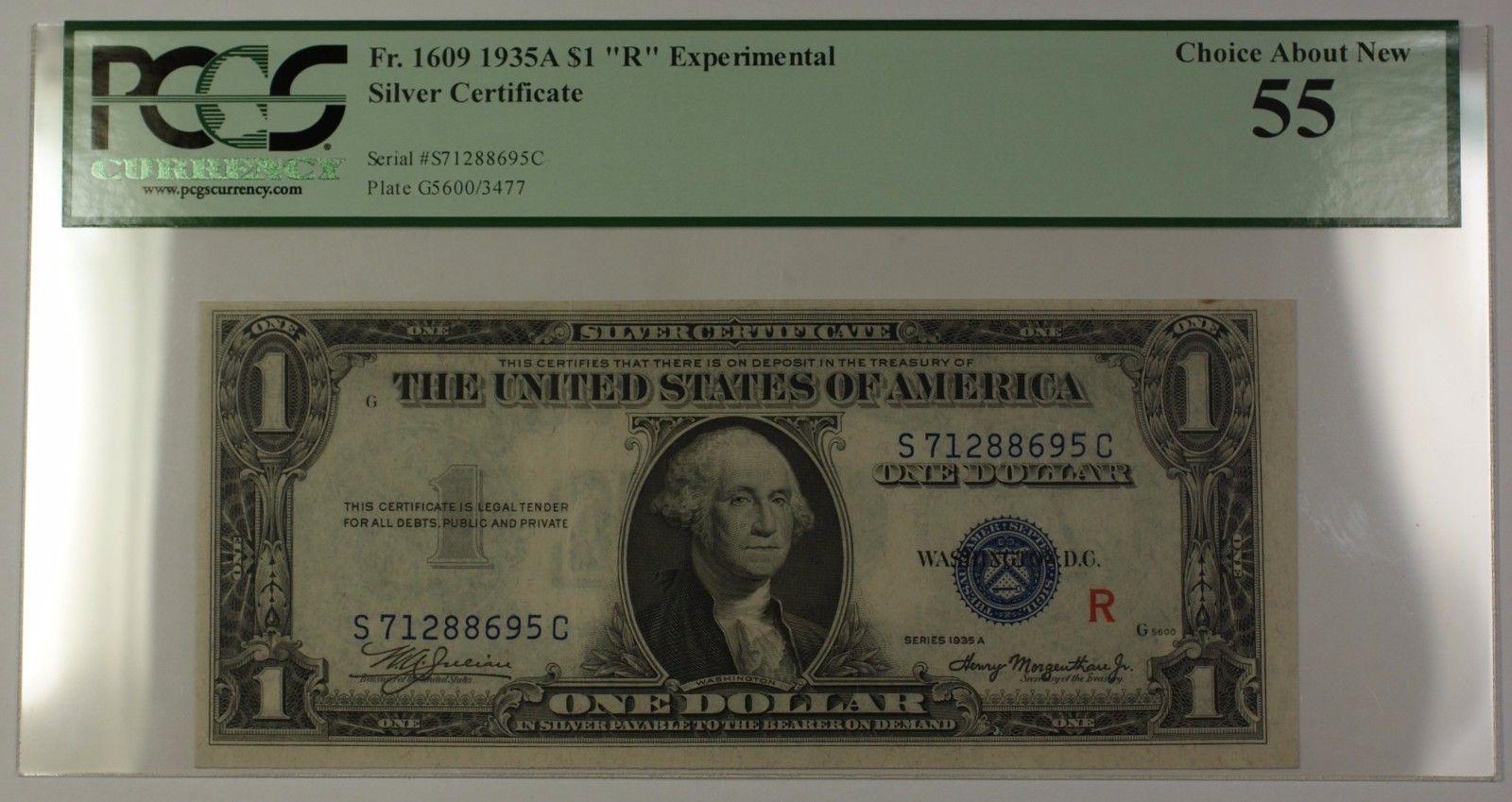 1935A Experimental "R" $1 Silver Certificate Fr. 1609 PCGS Choice About New 55