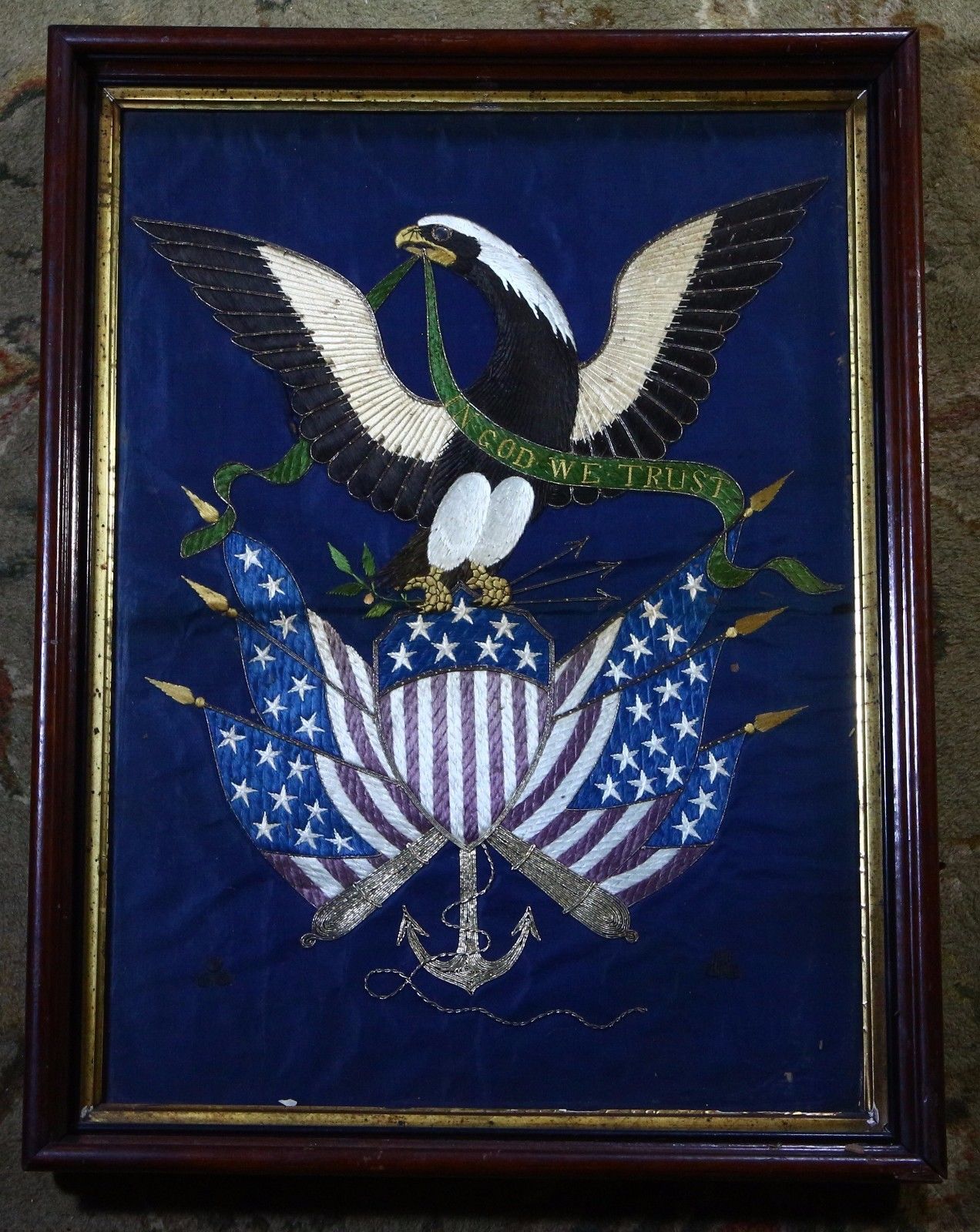 American Eagle Navy Flags OOAK Antique 19C Silk Needlepoint Embroidery Tapestry