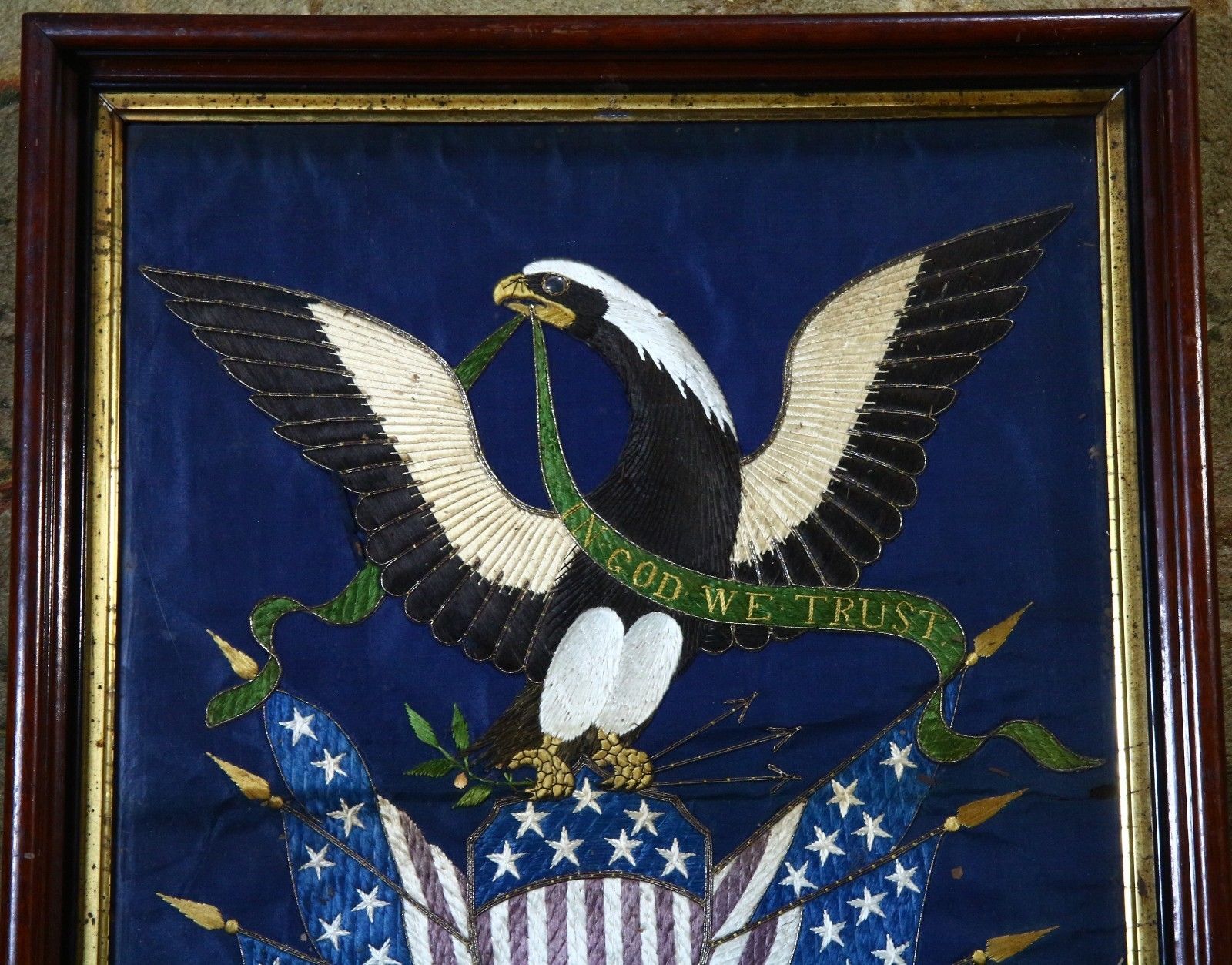 American Eagle Navy Flags OOAK Antique 19C Silk Needlepoint Embroidery Tapestry