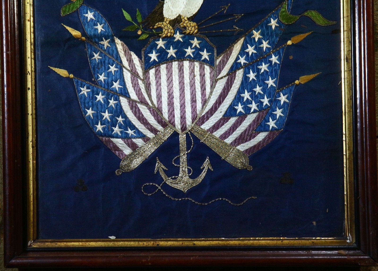 American Eagle Navy Flags OOAK Antique 19C Silk Needlepoint Embroidery Tapestry