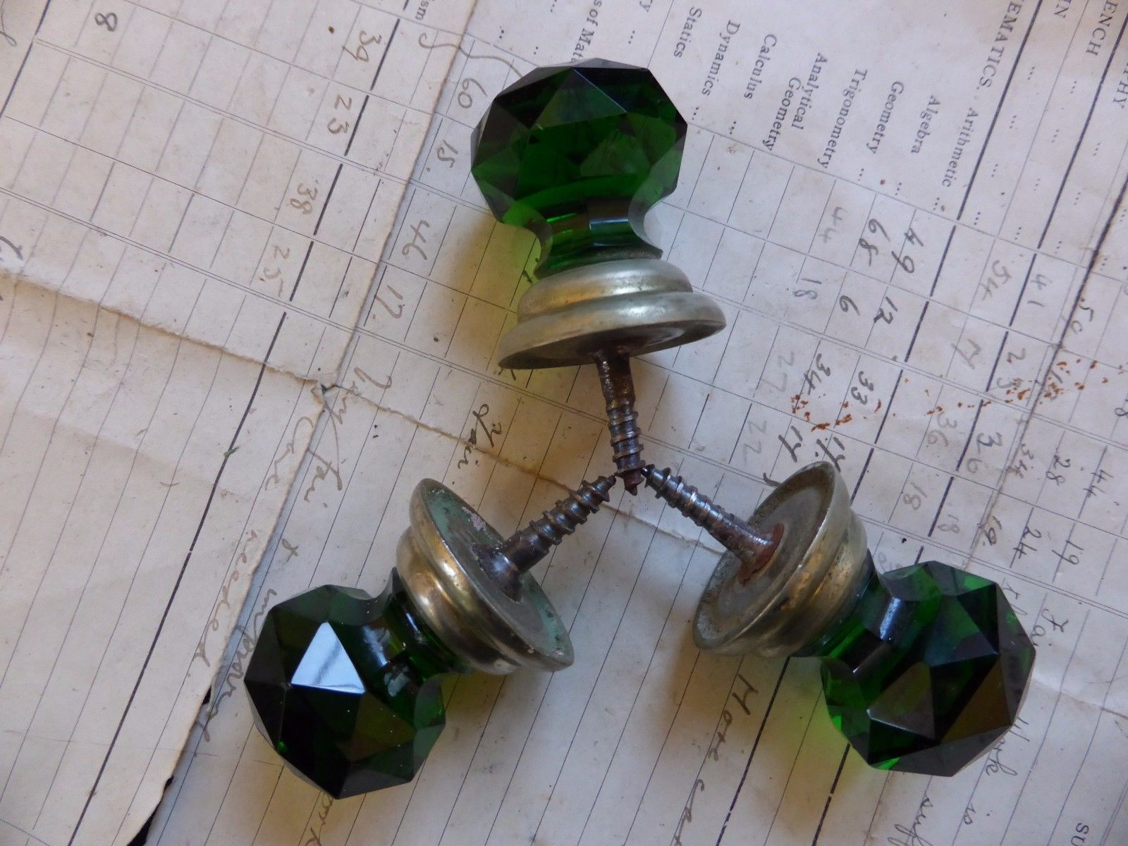 3 Emerald Green Glass Drawer Knob (cupboard dresser handle antique victorian)