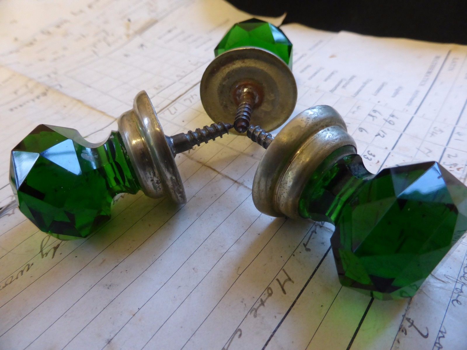 3 Emerald Green Glass Drawer Knob (cupboard dresser handle antique victorian)