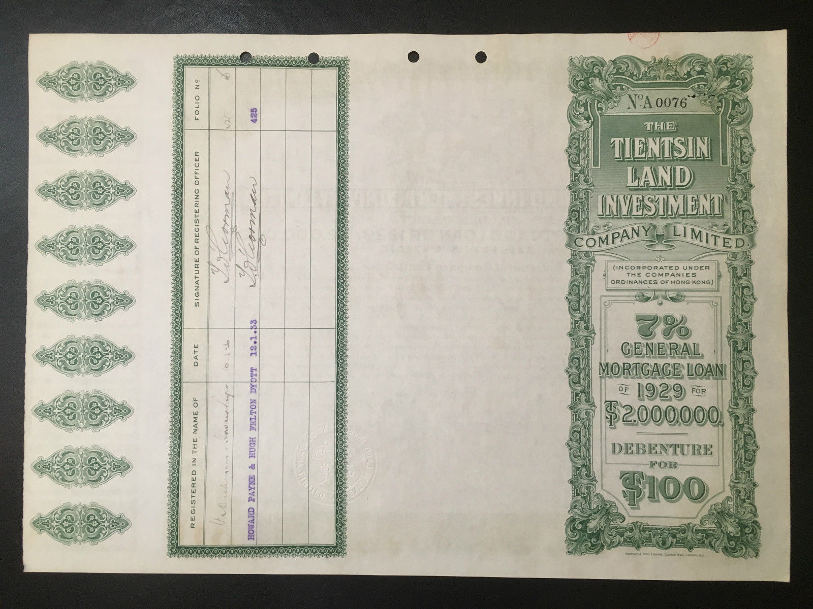 CHINA 1929 TIENTSIN LAND INVESTMENT 100 SILVER TAELS BOND LOAN UNCANCELLED