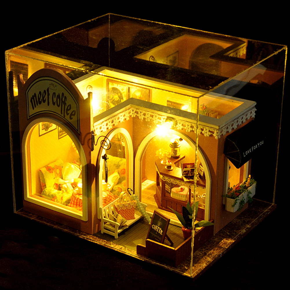 DIY Cafe Shop Wooden Miniature Dollhouse Hademade Doll House Furniture Toys Kit