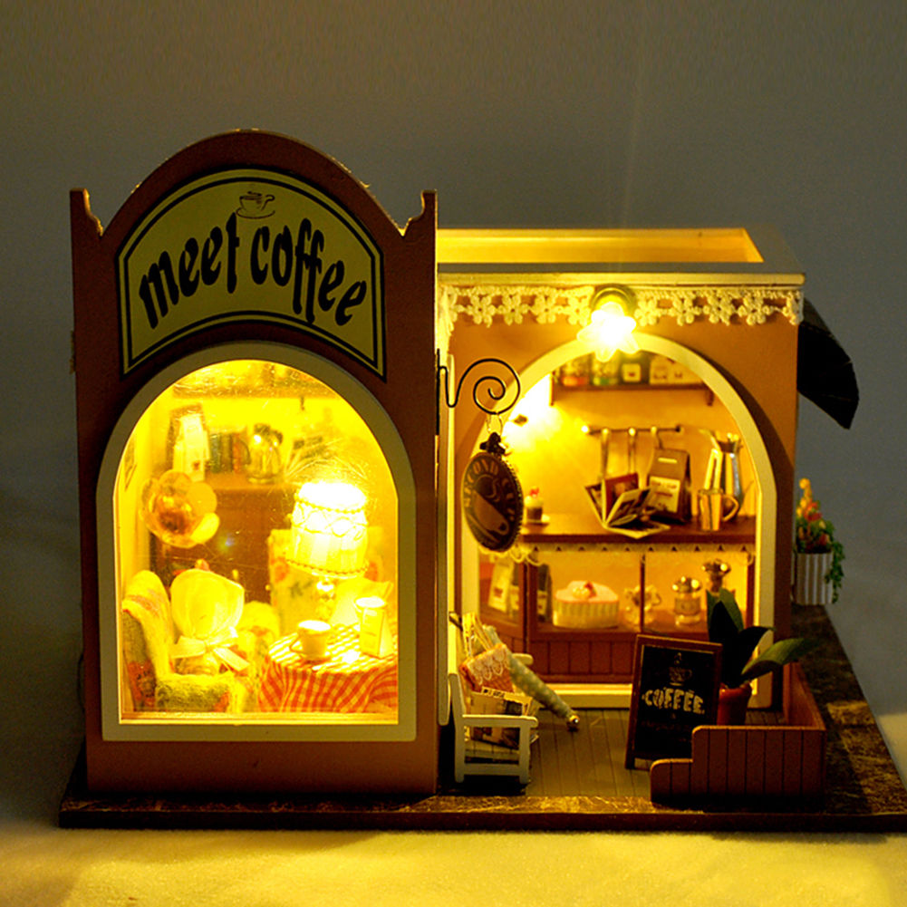 DIY Cafe Shop Wooden Miniature Dollhouse Hademade Doll House Furniture Toys Kit