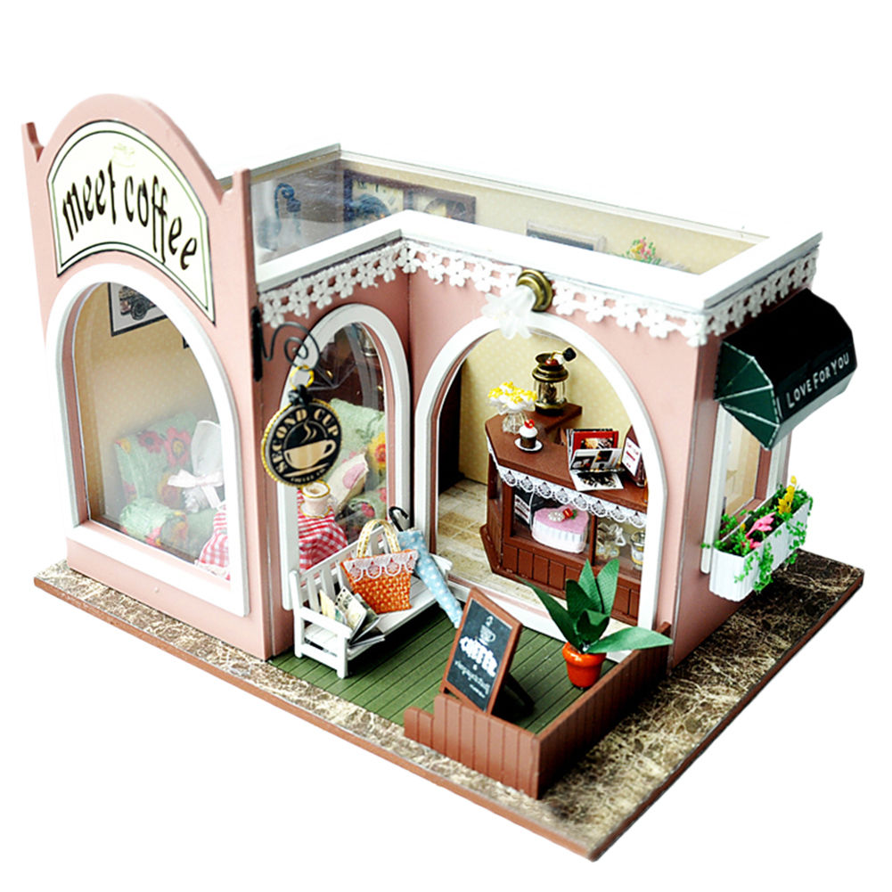 DIY Cafe Shop Wooden Miniature Dollhouse Hademade Doll House Furniture Toys Kit