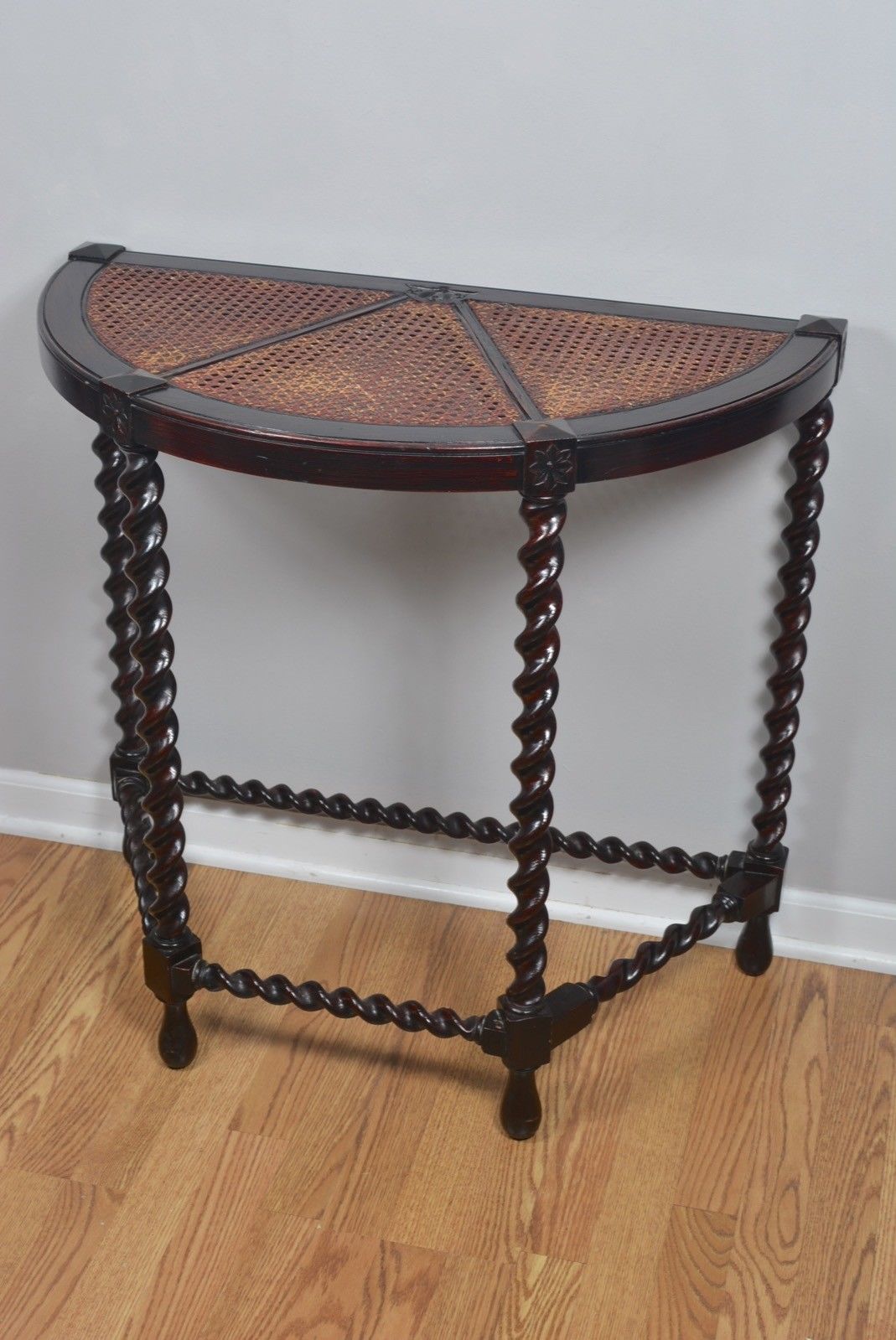 Antique Solid Wood Dark Barley Twist Cane Top Demilune Console Table Carved