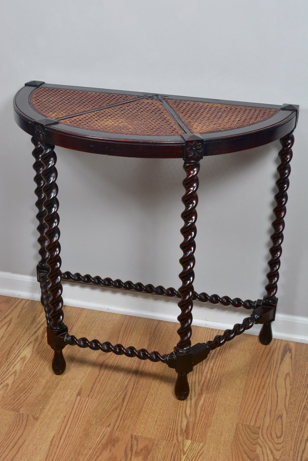 Antique Solid Wood Dark Barley Twist Cane Top Demilune Console Table Carved