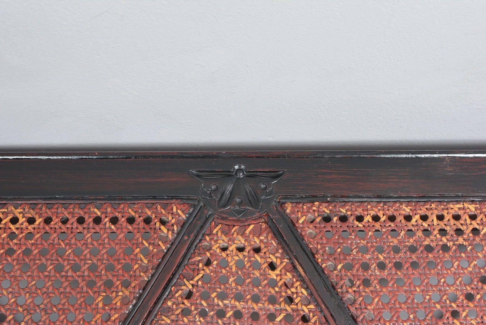 Antique Solid Wood Dark Barley Twist Cane Top Demilune Console Table Carved