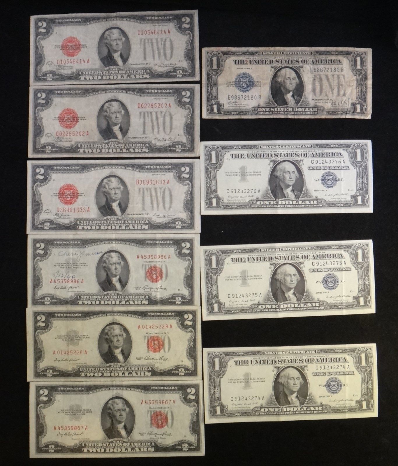 Lot of Ten, 4 Silver Cert. 3 1957 A sequential, 6 Red Seal $2, 3 crisp.