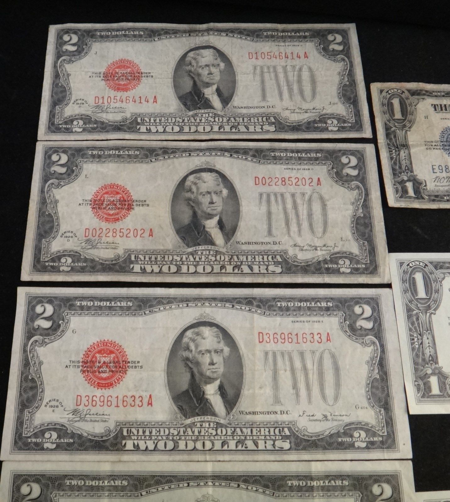 Lot of Ten, 4 Silver Cert. 3 1957 A sequential, 6 Red Seal $2, 3 crisp.