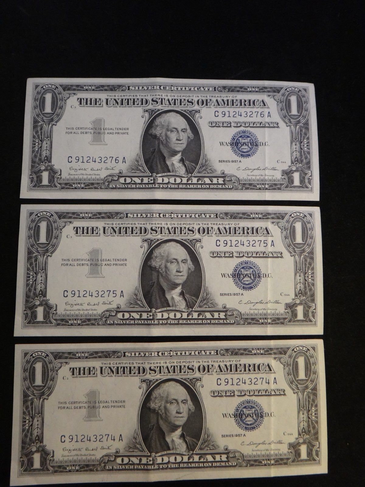 Lot of Ten, 4 Silver Cert. 3 1957 A sequential, 6 Red Seal $2, 3 crisp.