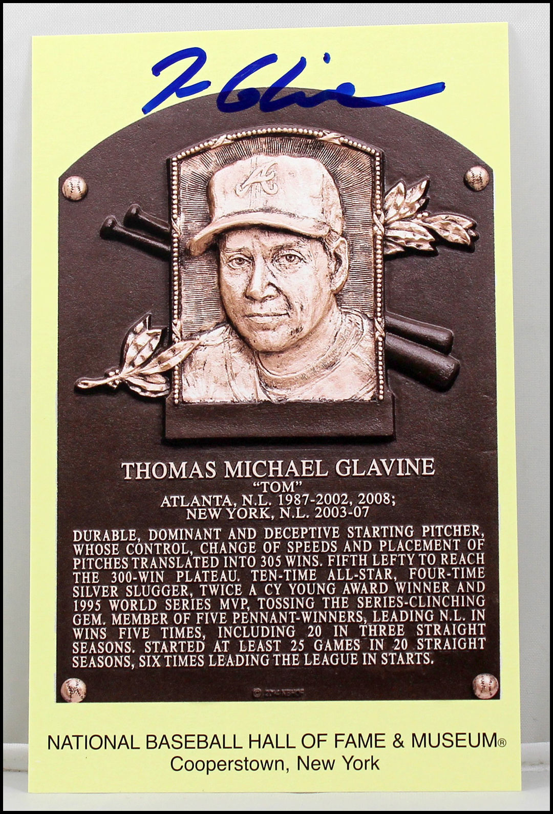 TOM GLAVINE AUTOGRAPHED SIGNED HALL OF FAME HOF PLAQUE CARD BASEBALL JSA COA