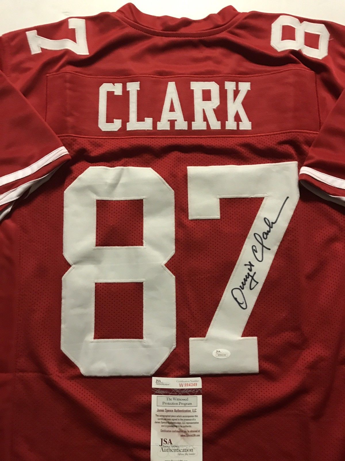 Autographed/Signed DWIGHT CLARK San Francisco 49ers Red Football Jersey JSA COA