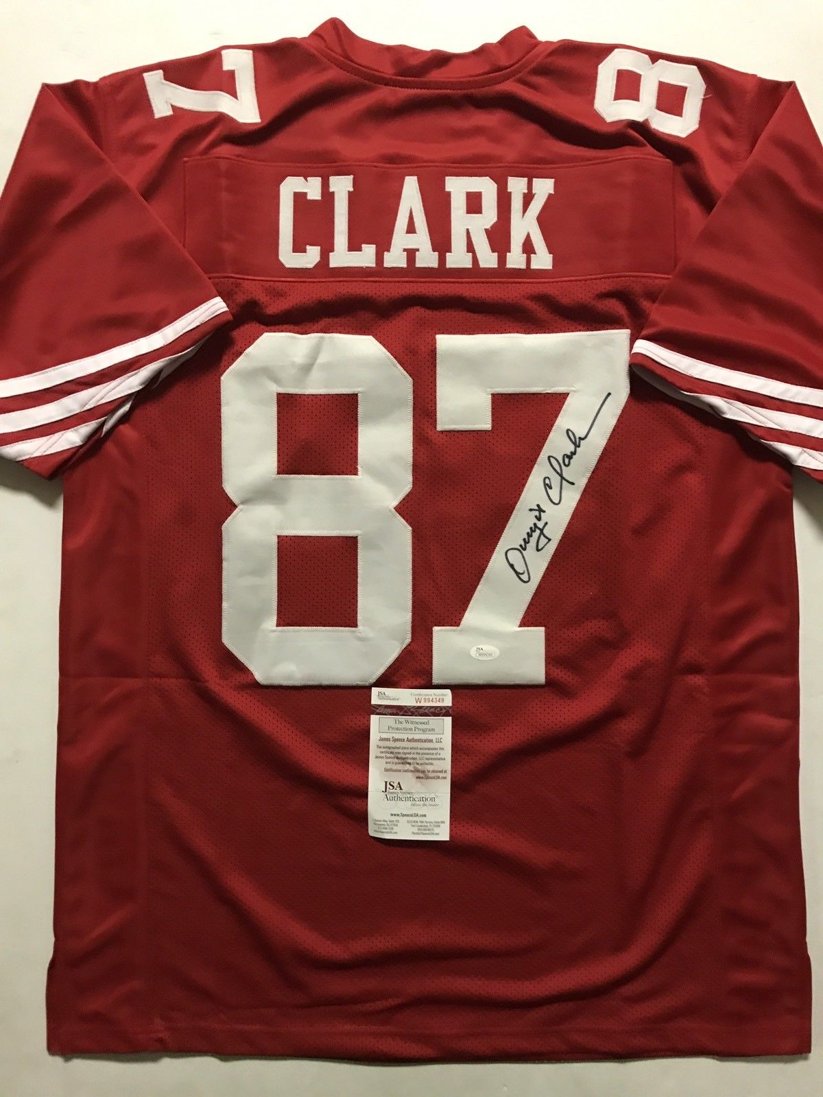 Autographed/Signed DWIGHT CLARK San Francisco 49ers Red Football Jersey JSA COA