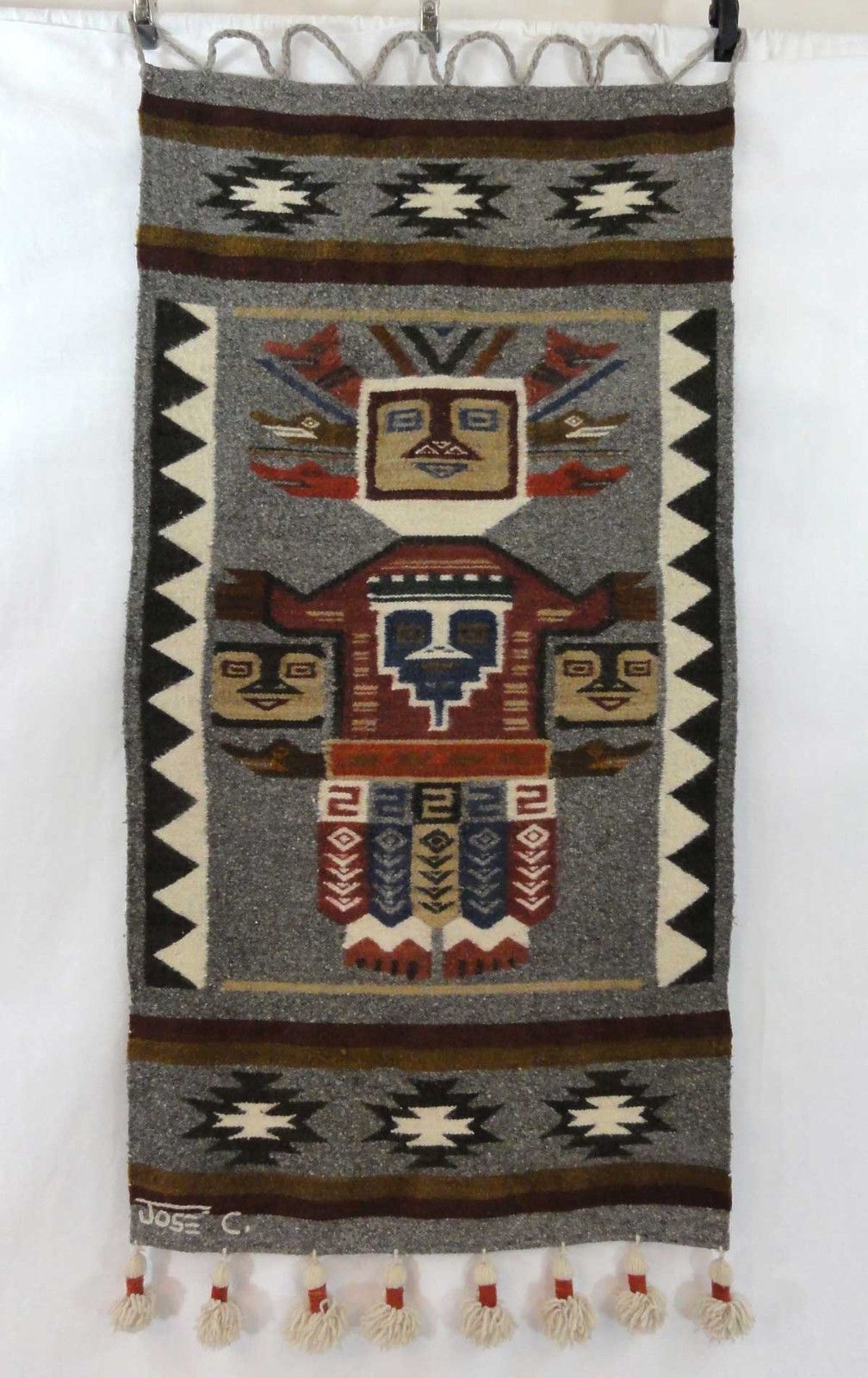 Vtg Jose C. Cotacachi Wool Wall Hanging Tapestry Decor Faces Mask Tribal Ecuador