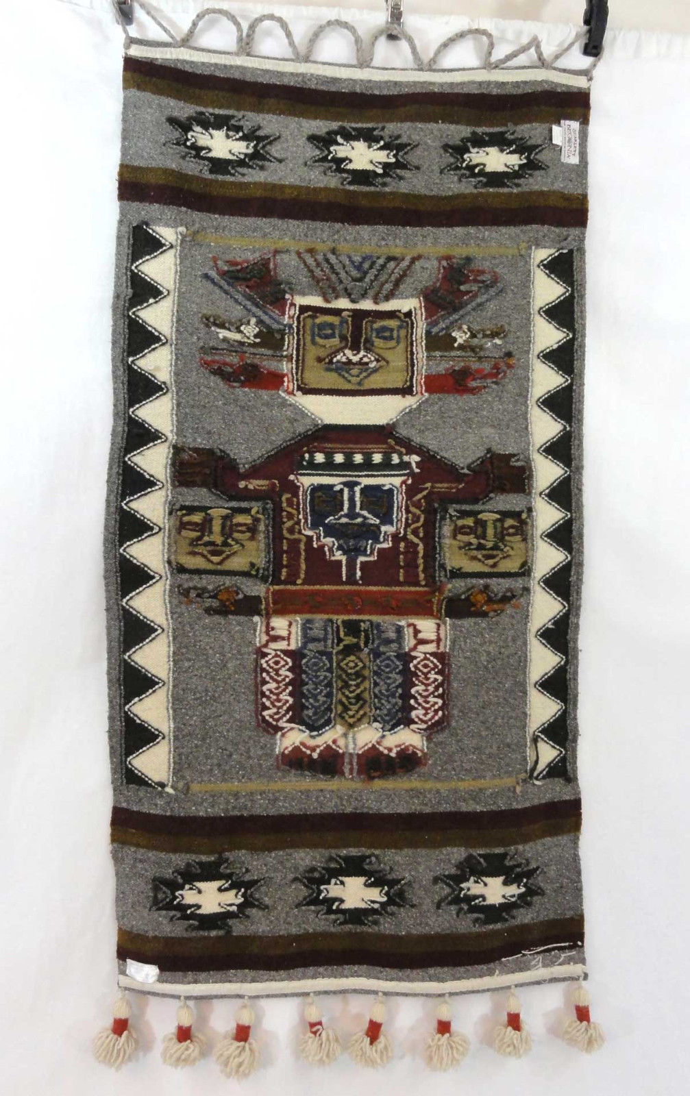 Vtg Jose C. Cotacachi Wool Wall Hanging Tapestry Decor Faces Mask Tribal Ecuador