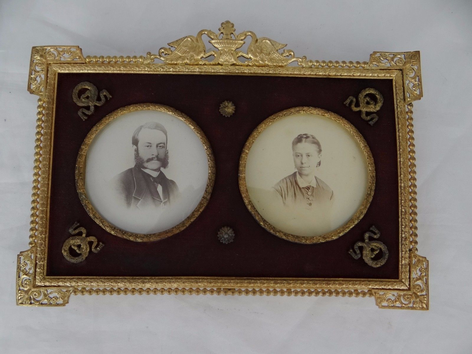 Antique French Empire Picutre Frame, Bronze Dore, Crest Swans - Double Picture