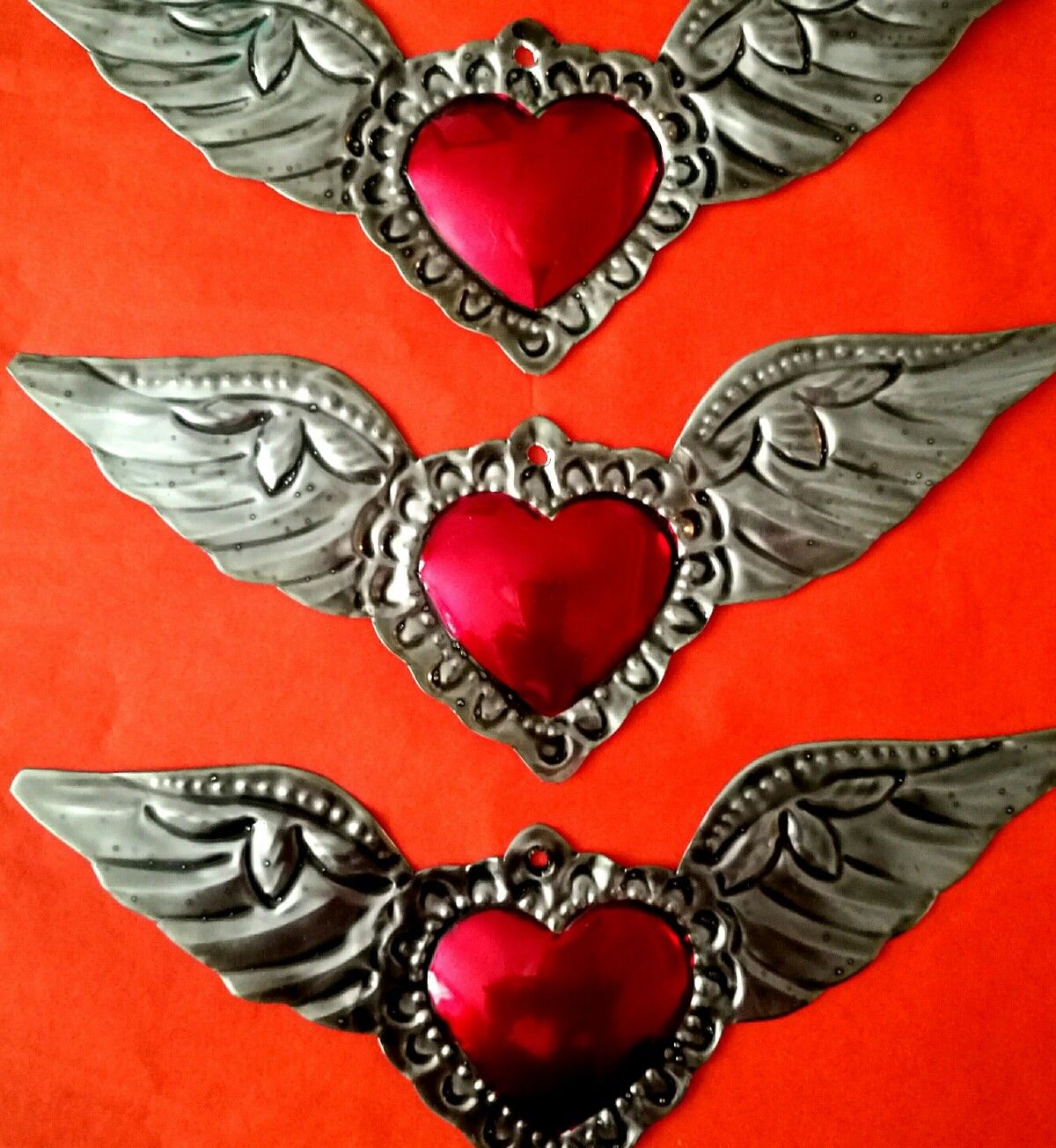 Authentic Mexican Tin Folk Art Winged Heart  Milagro Antiqued Patina Oaxaca 01