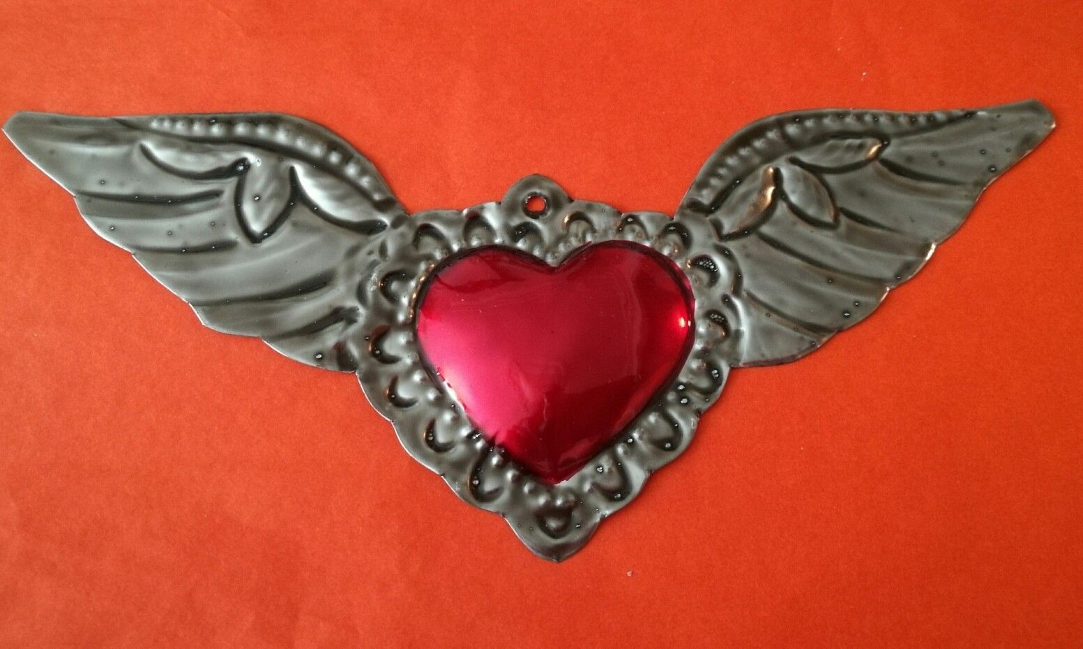 Authentic Mexican Tin Folk Art Winged Heart  Milagro Antiqued Patina Oaxaca 01