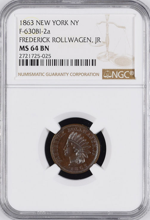 1863 Civil War Token, MS64 NGC - Frederick Rollwagen, NY - BU Store Card