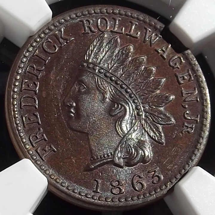 1863 Civil War Token, MS64 NGC - Frederick Rollwagen, NY - BU Store Card