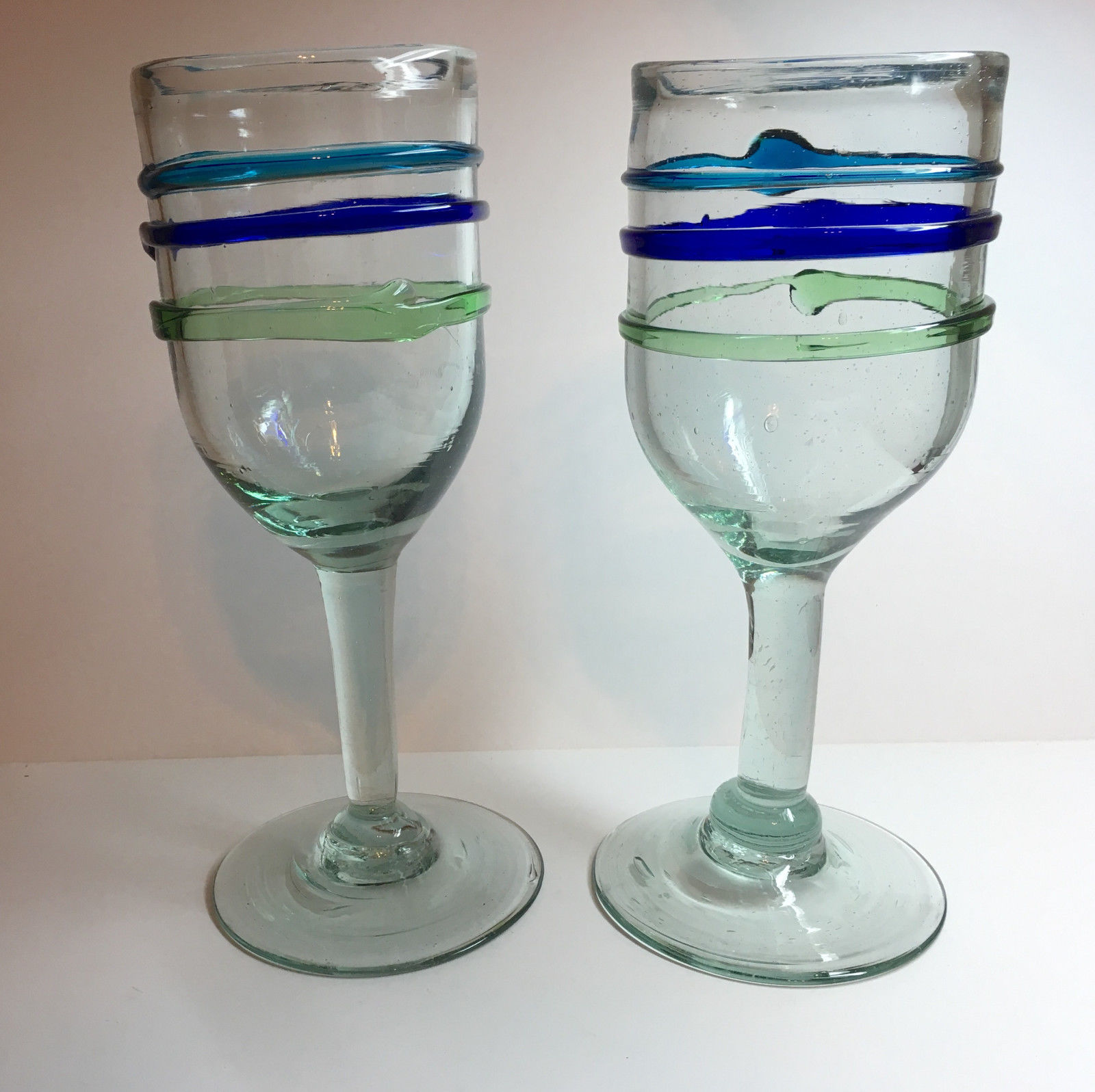 Set of 2 Hand Blown Glass Water or Wine Goblets - Blue Green Teal made in Mexico