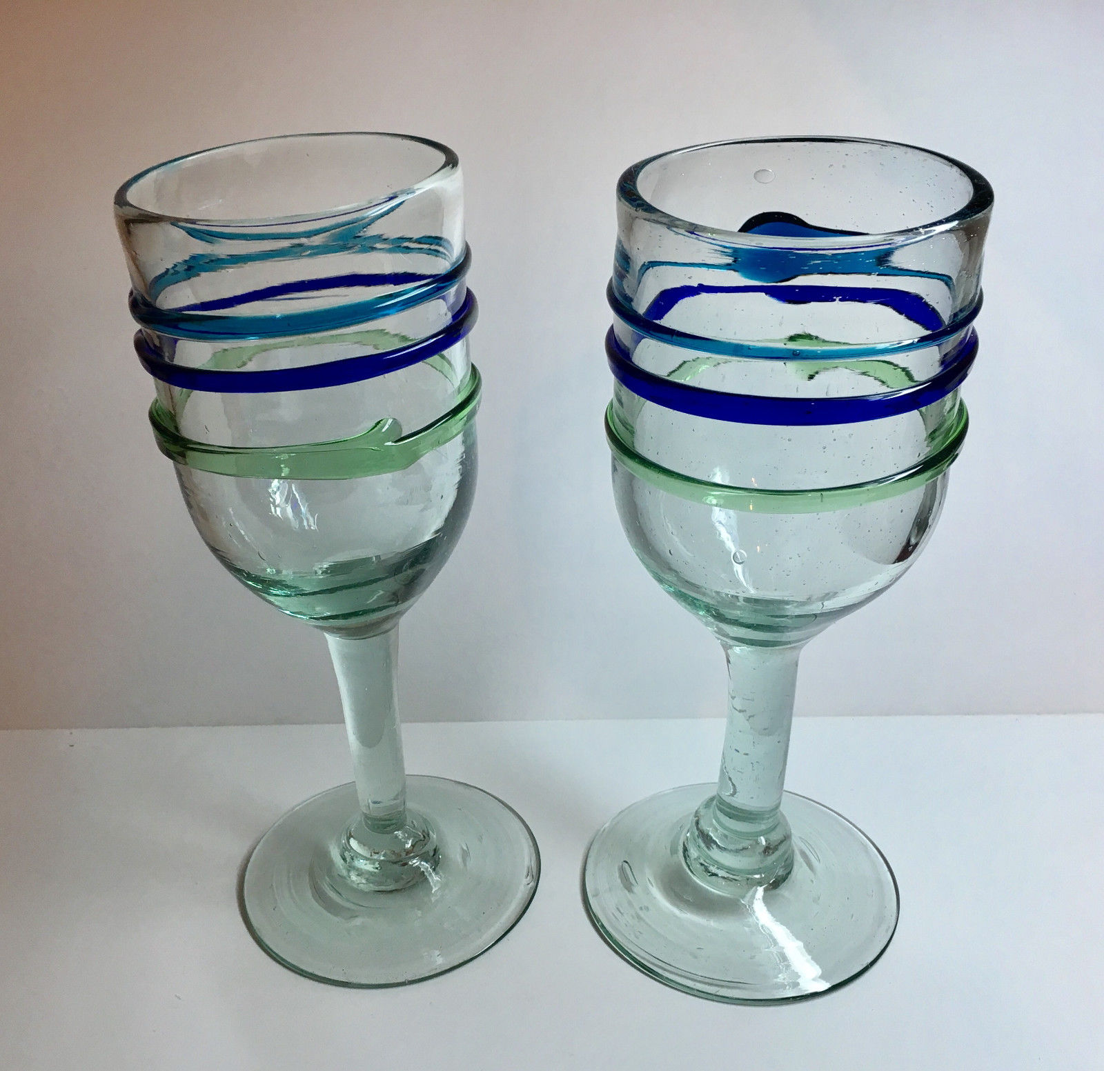 Set of 2 Hand Blown Glass Water or Wine Goblets - Blue Green Teal made in Mexico