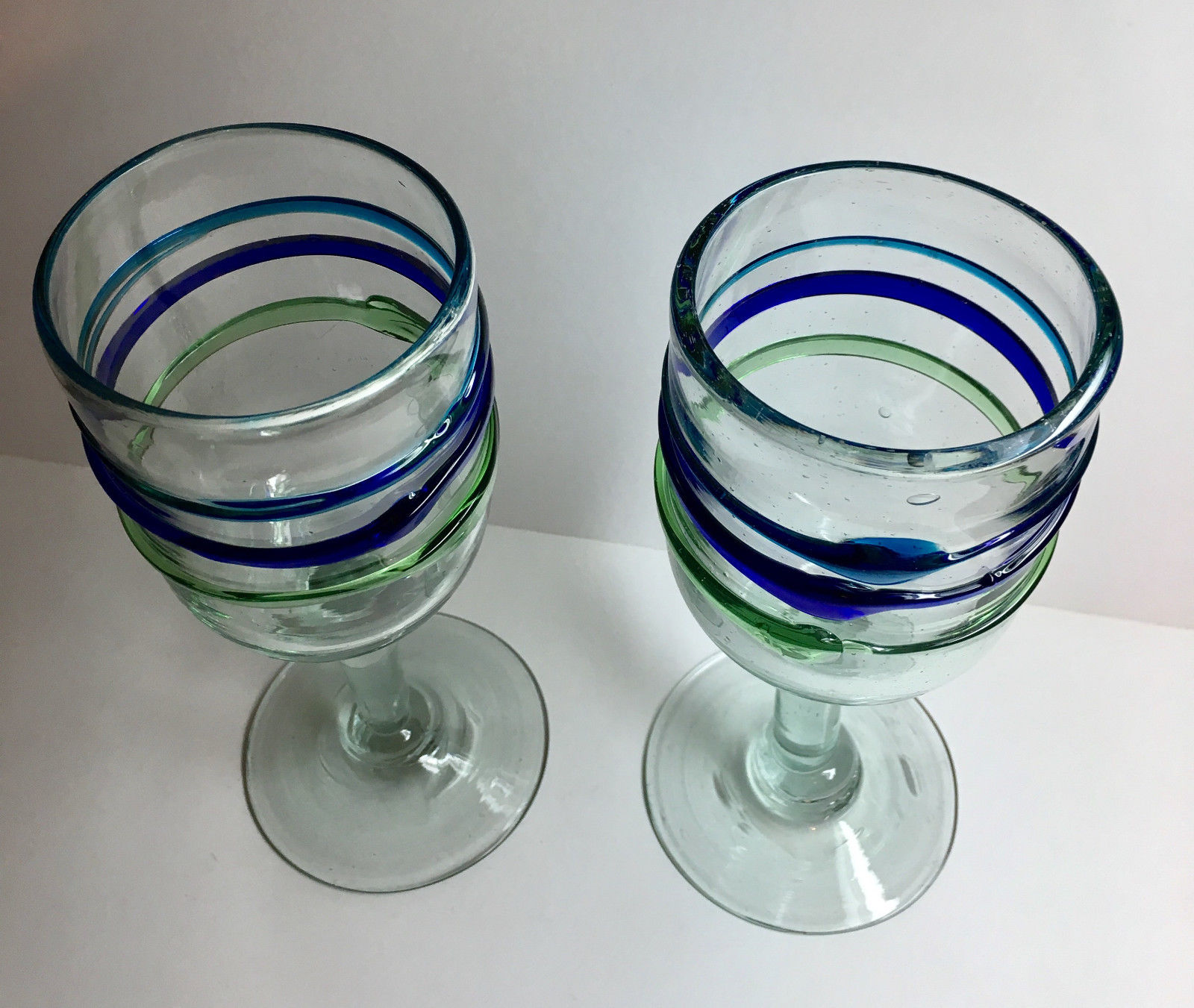 Set of 2 Hand Blown Glass Water or Wine Goblets - Blue Green Teal made in Mexico