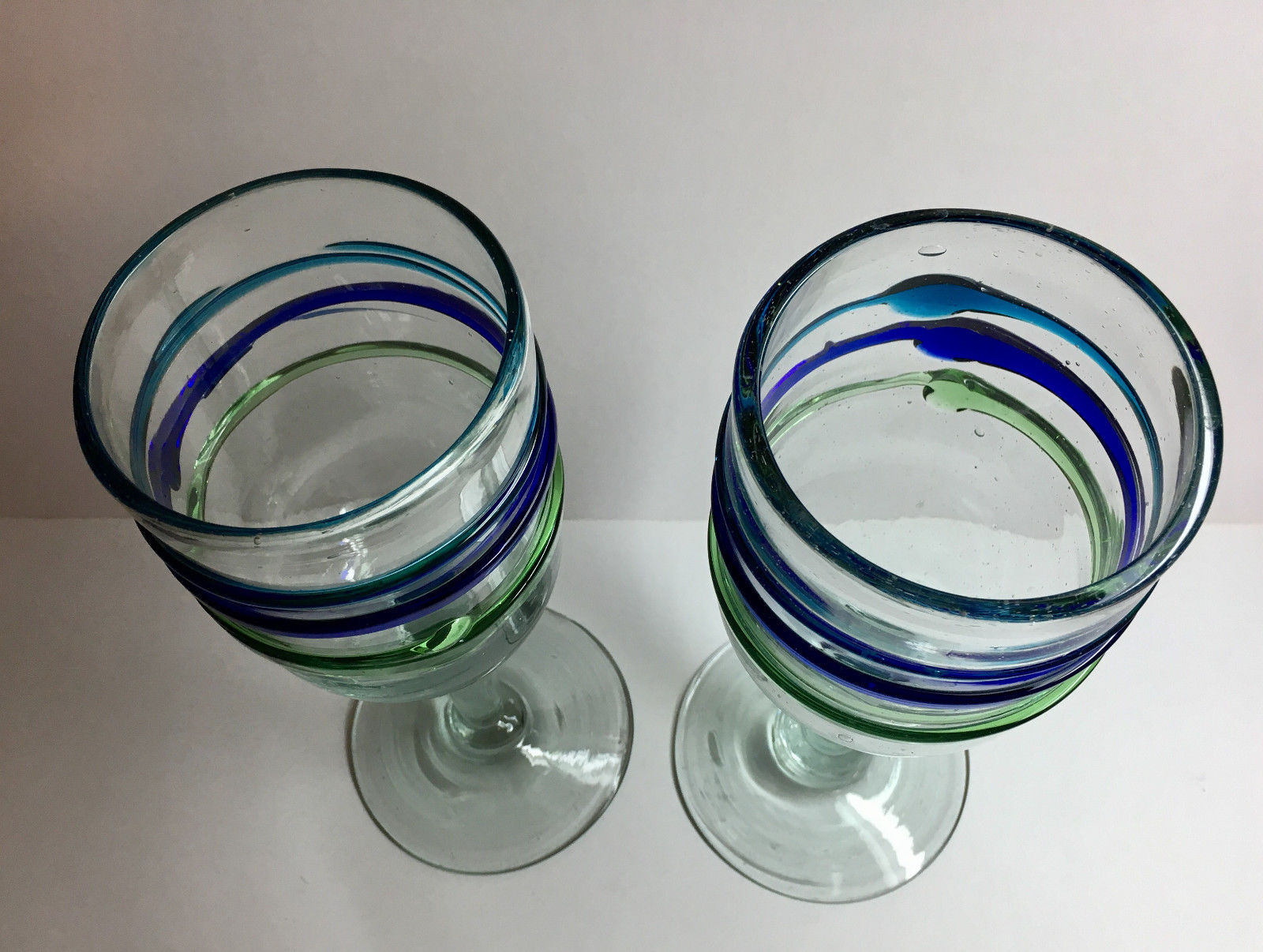 Set of 2 Hand Blown Glass Water or Wine Goblets - Blue Green Teal made in Mexico