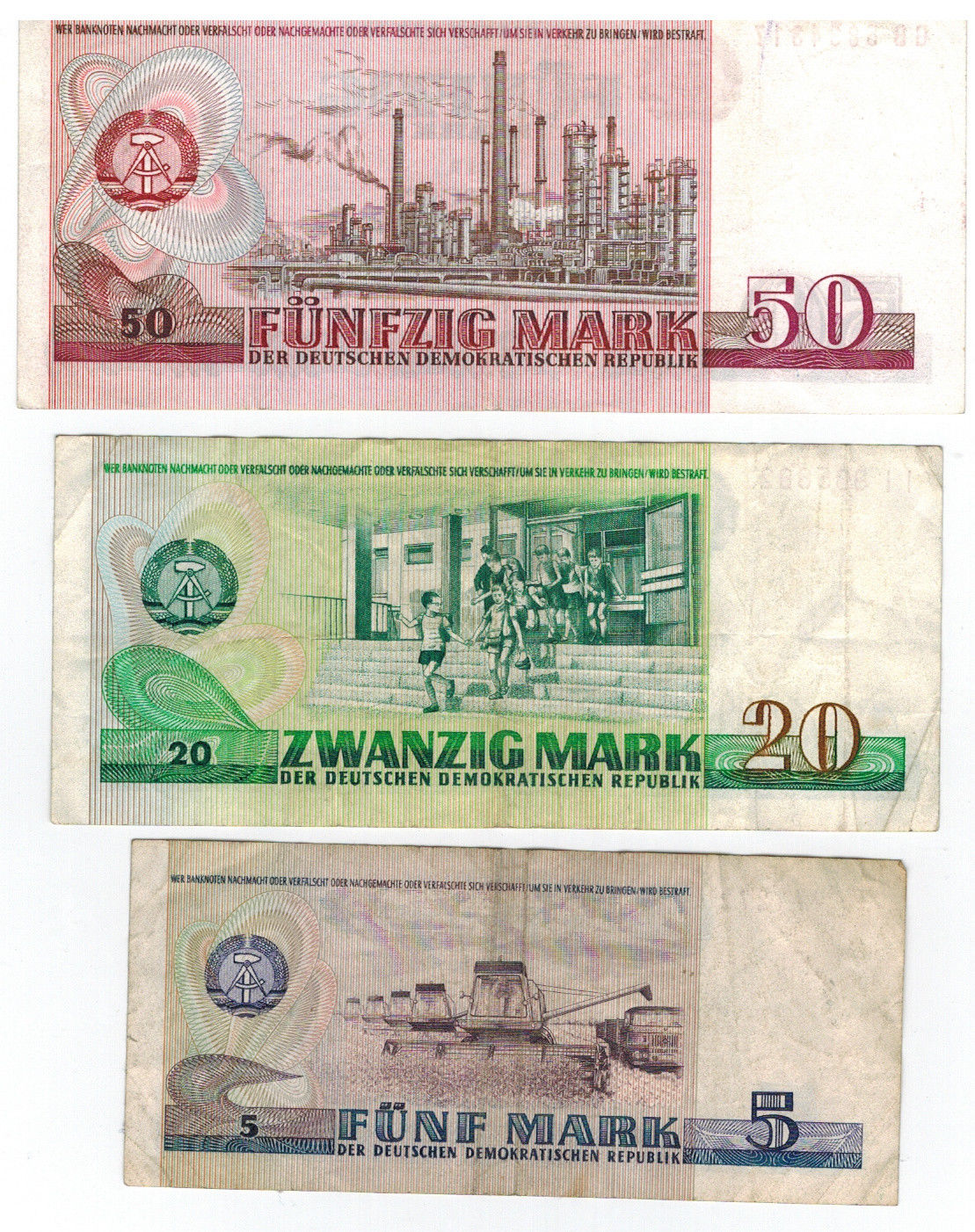 1975 East Germany Lot of 3 Note 50 Mark + 20 + 5 Mark