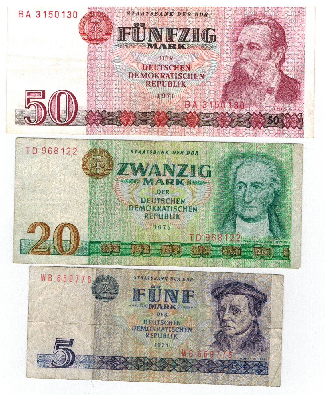 1975 East Germany Lot of 3 Note 50 Mark + 20 + 5 Mark