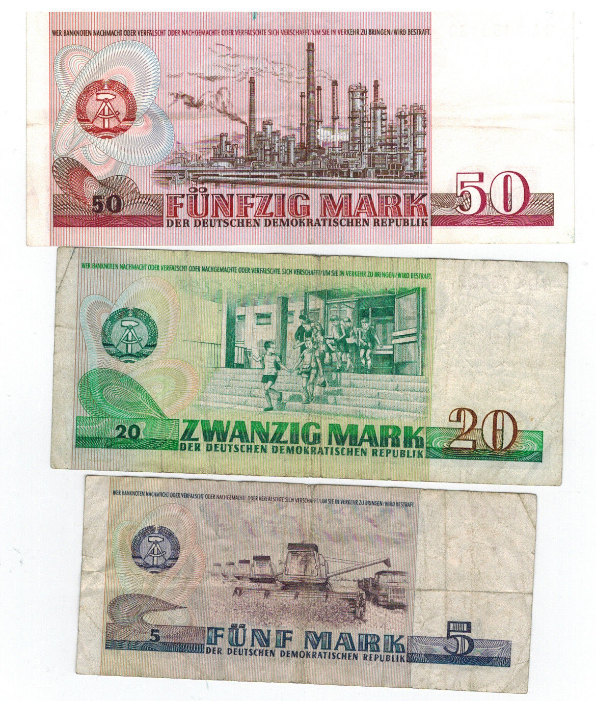 1975 East Germany Lot of 3 Note 50 Mark + 20 + 5 Mark