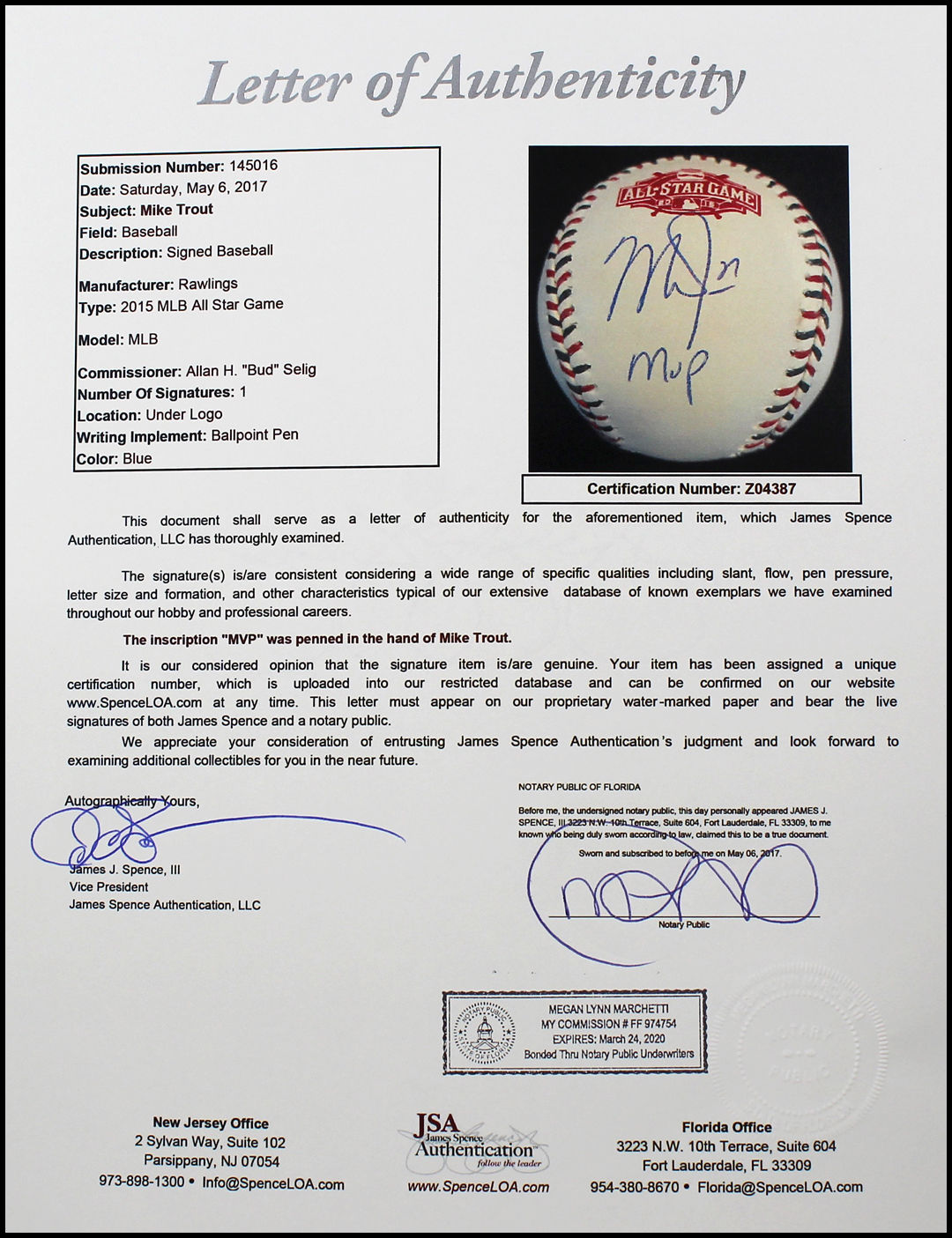 MIKE TROUT MVP AUTOGRAPHED SIGNED 2015 ALL-STAR GAME BASEBALL BALL JSA COA LOA