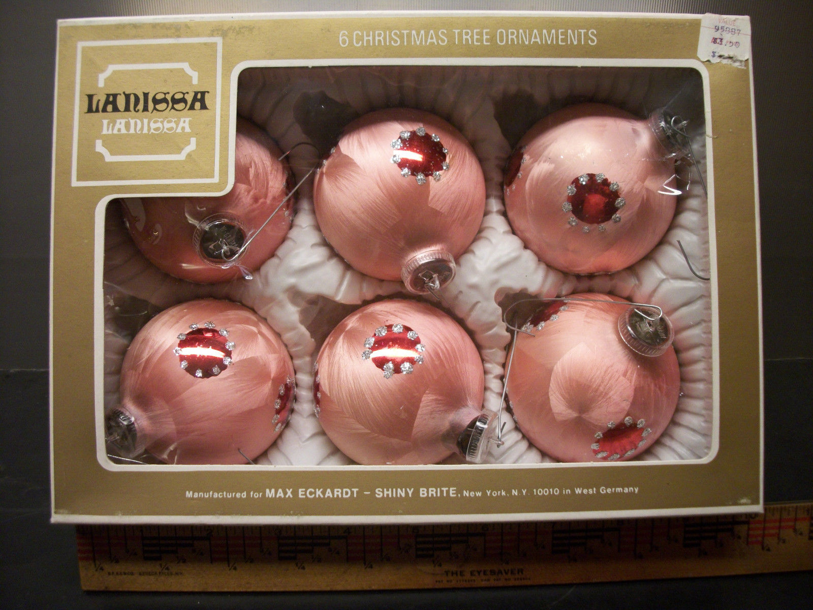 BOX OF 6 VINTAGE PINK LANISSA MERCURY GLASS CHRISTMAS ORNAMENTS WEST GERMANY