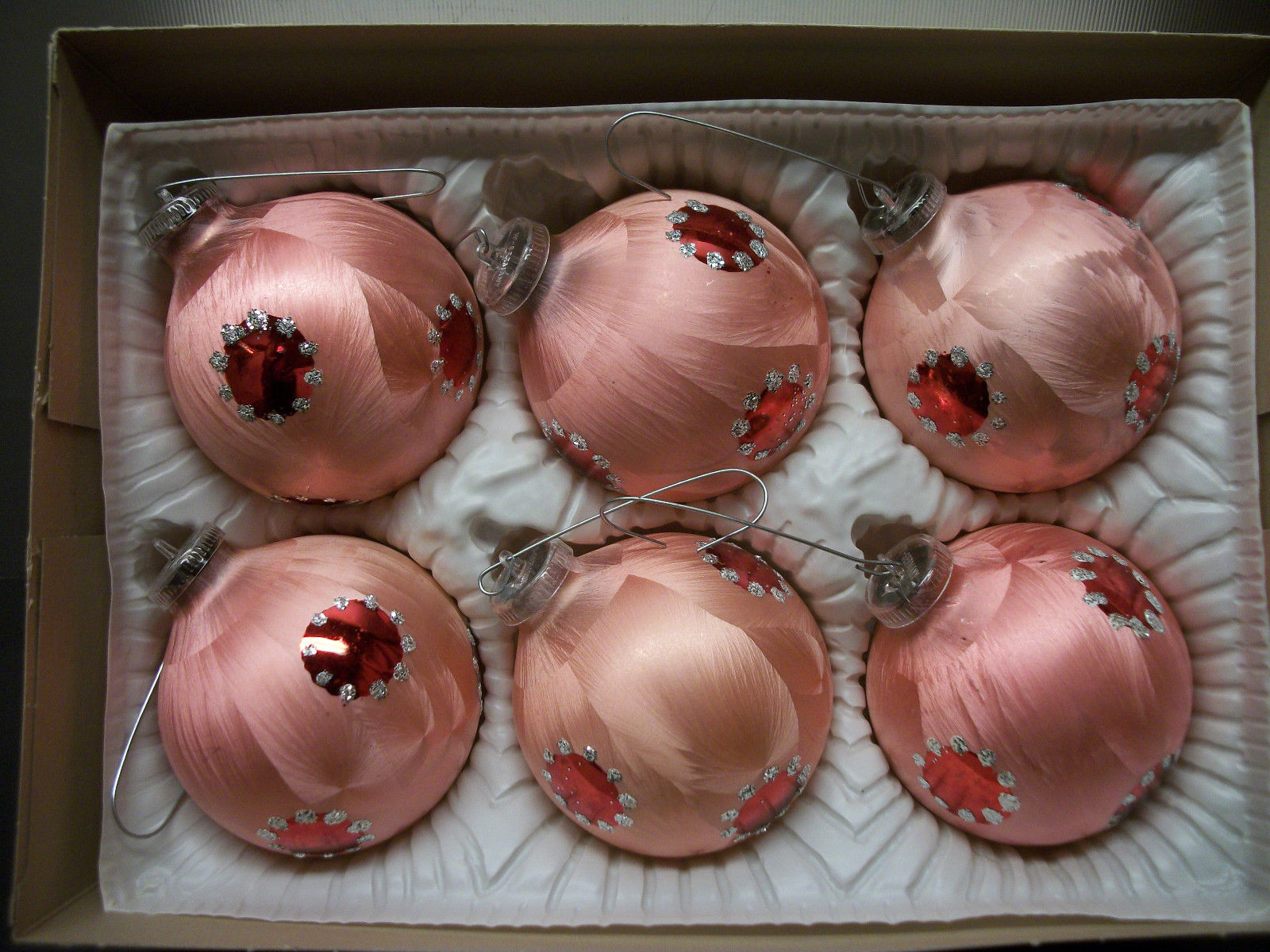 BOX OF 6 VINTAGE PINK LANISSA MERCURY GLASS CHRISTMAS ORNAMENTS WEST GERMANY