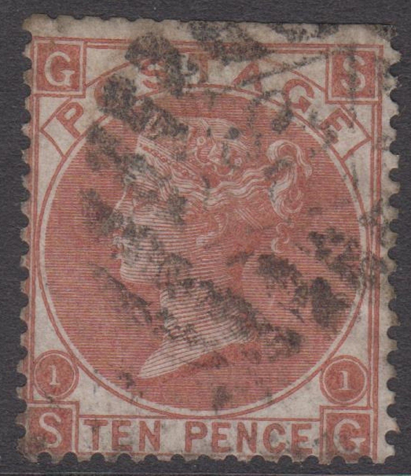 GB QV 10d Red-Brown SG112 Plate 1 CV=£400 "SG" Used 1867-80 Stamp