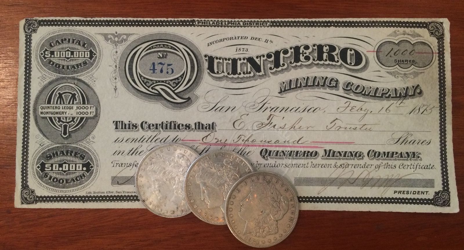 1875 Quintero Mining Co Stock - $2+ Million Face Value - Nevada