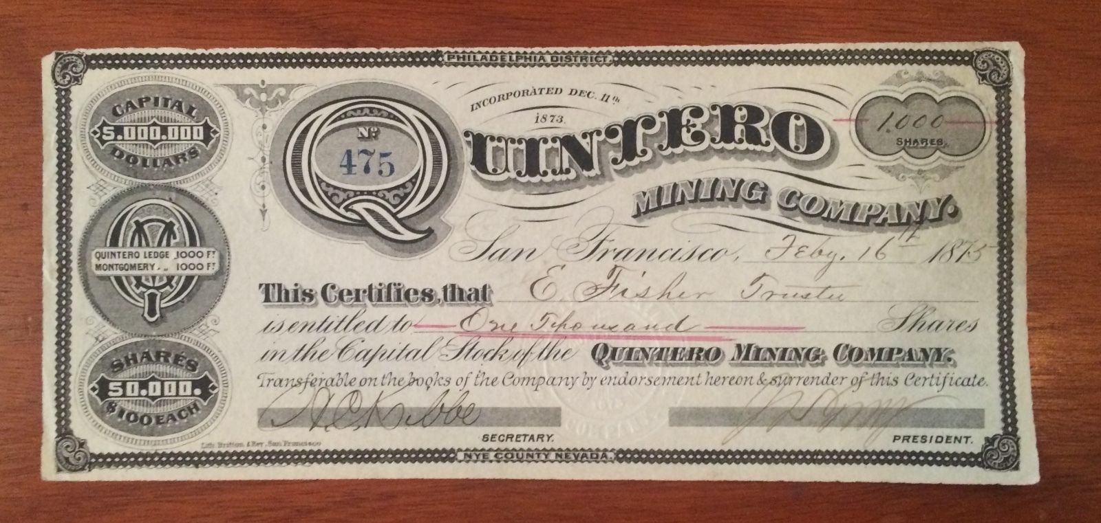 1875 Quintero Mining Co Stock - $2+ Million Face Value - Nevada