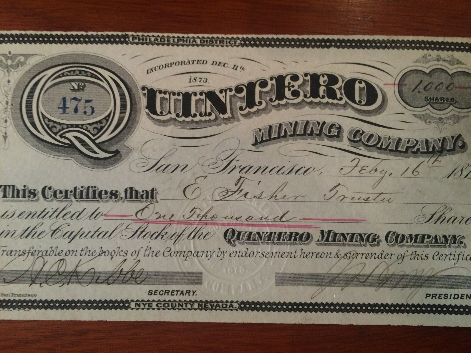 1875 Quintero Mining Co Stock - $2+ Million Face Value - Nevada