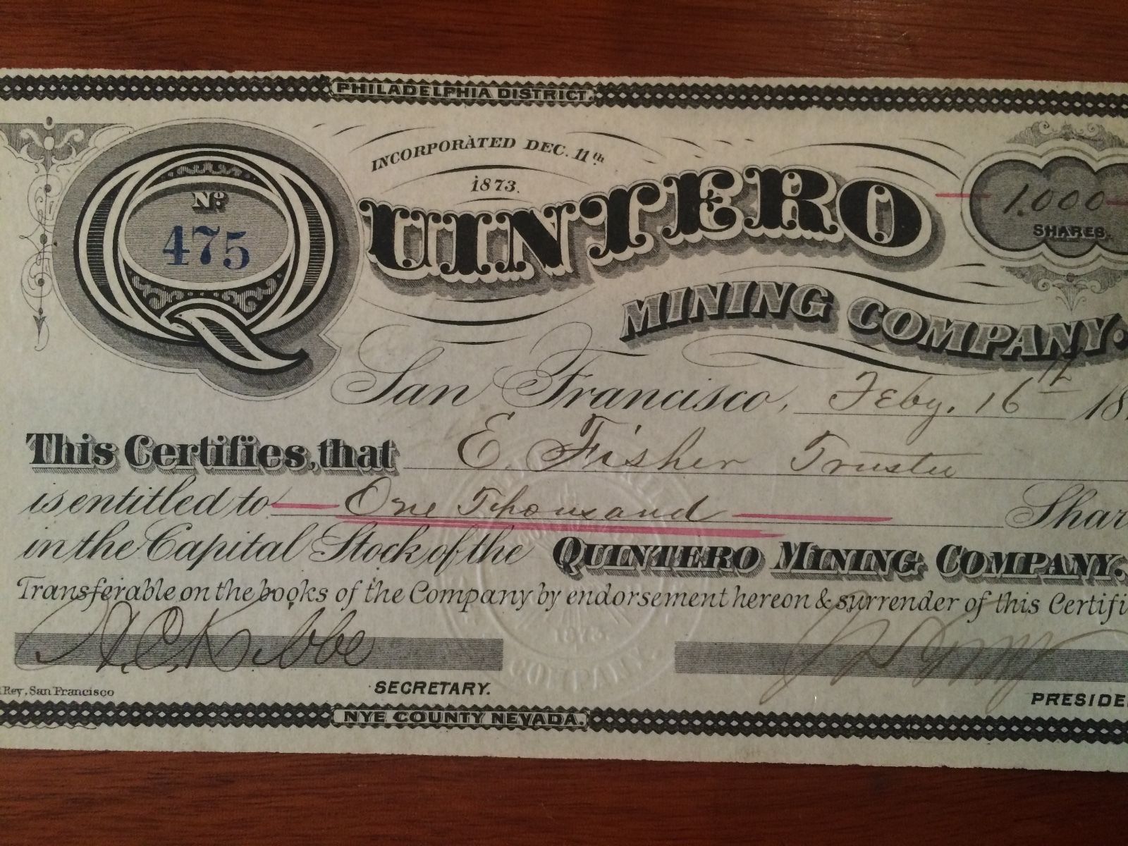 1875 Quintero Mining Co Stock - $2+ Million Face Value - Nevada