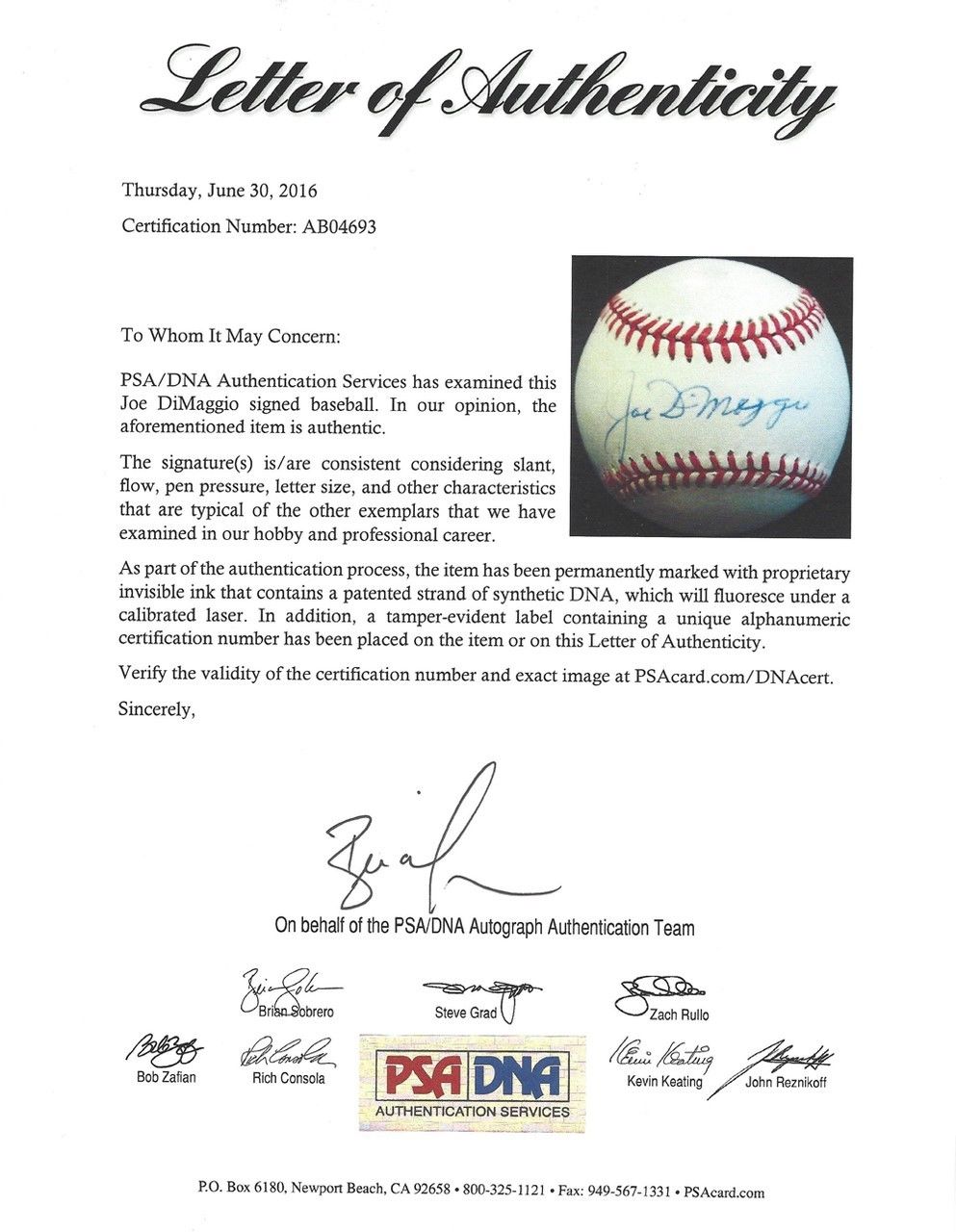 Joe DiMaggio Autographed Signed Official AL Baseball New York Yankees PSA/DNA