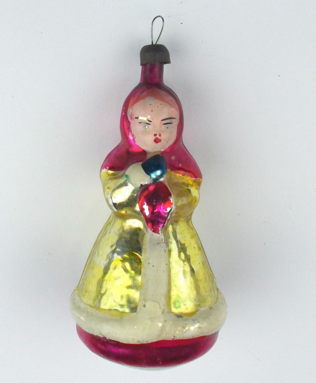 Vintage USSR Russian Silver Painted Glass Christmas Ornaments Girl in Shawl