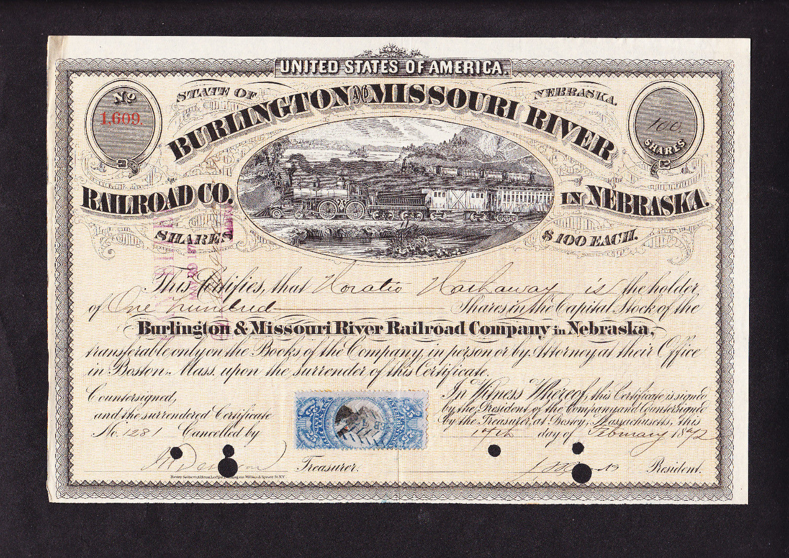 BUFFET'S BERKSHIRE HATHAWAY FOUNDER SIGNED RAILROAD STOCK