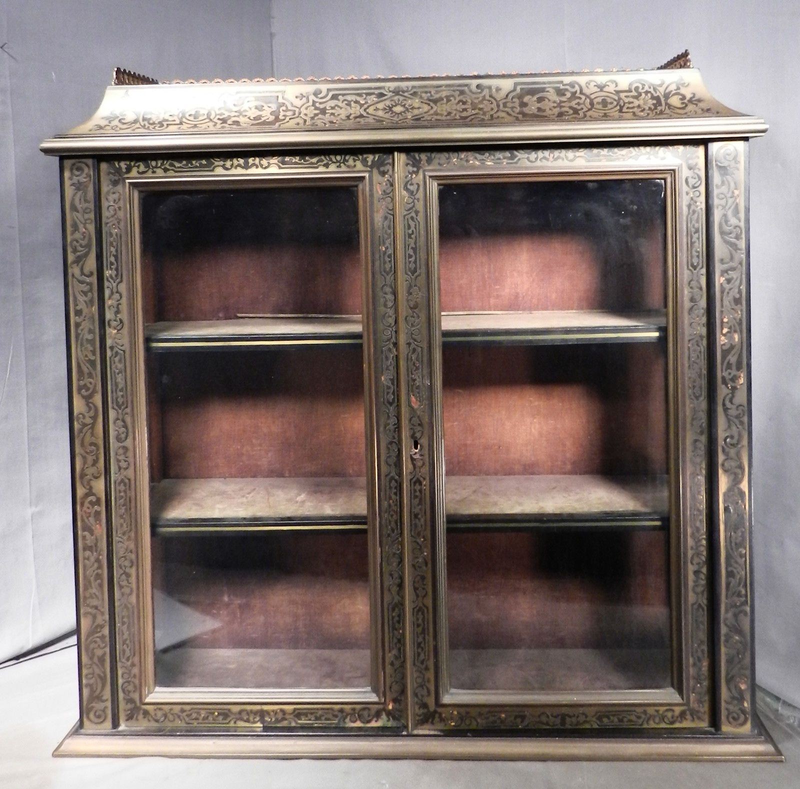 Antique French Boulle Buhl Brass Inlaid Ebony Vitrine Display Cabinet Bronze OLD